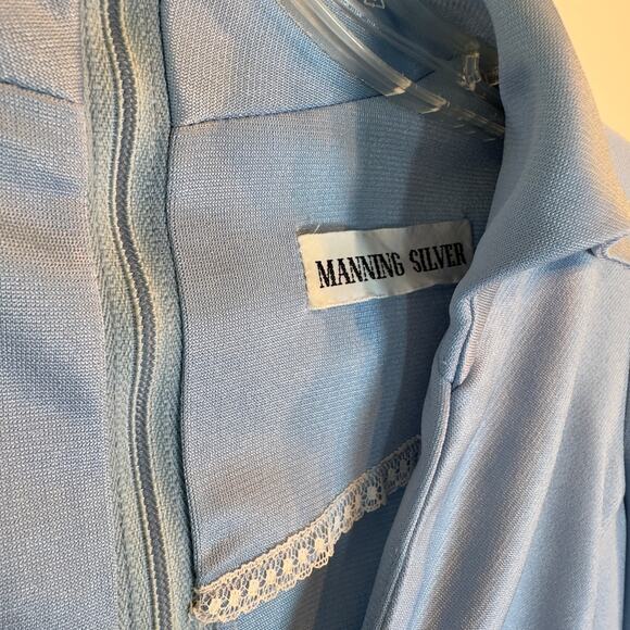 Vintage Manning Silver Light Blue Bell Bottom Pantsuit 70s Disco Set Y2K Revival - Picture 4 of 9